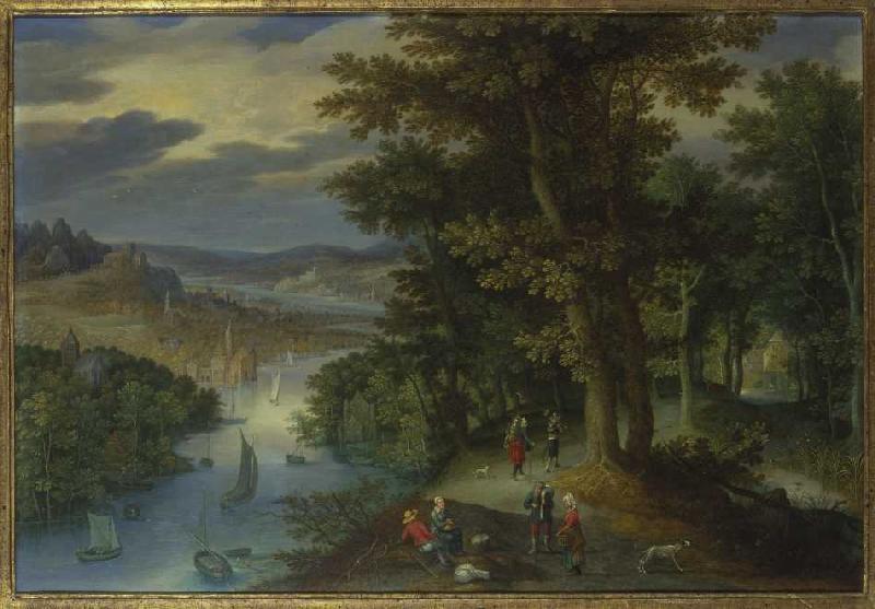 Wooded riverside with strollers and sailing boats de Maerten Ryckaert