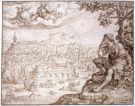 Jonah, Seated Under the Gourd, Contemplates the City of Nineveh de Maerten van Heemskerck