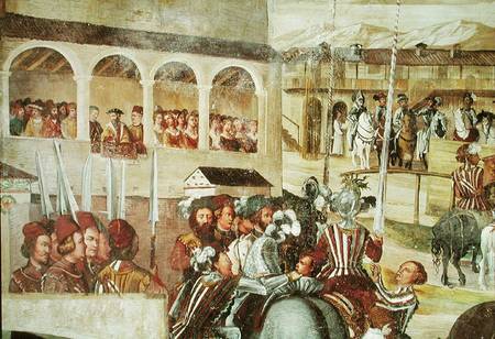 Tournament in Honour of Christian I (1426-81) of Denmark at Castello di Malpaga, detail from the lef de Marcello Fogolino