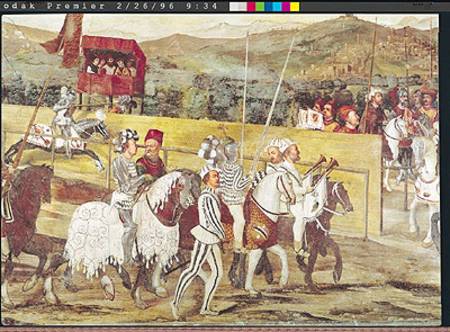 Tournament in Honour of Christian I (1426-81) of Denmark at Castello di Malpaga, detail from the rig de Marcello Fogolino