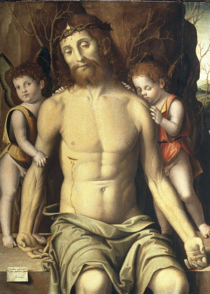 Palmezzano, Marco c.1458 - 1539. ''Christ in the tomb, supported by two angels'', 1529. Oil on wood. de Marco Palmezzano