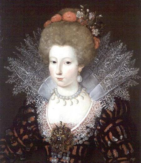 Portrait of a lady in a high lace collar and jewelled silk costume de Marguerite Bunel
