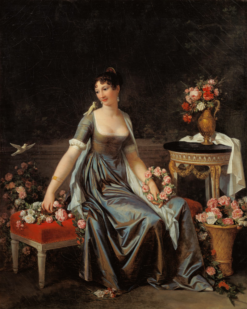 Portrait of a lady, surrounded by flowers and bird de Marguerite Gérard