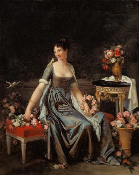 Portrait of a lady, surrounded by flowers and bird