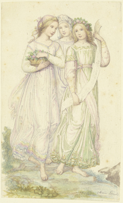 Three girls with flowers de Marie Ellenrieder