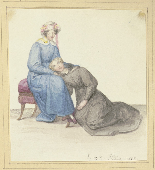 Sitzende Mutter, an ihren Schoß gelehnt ein junges Mädchen de Marie Ellenrieder