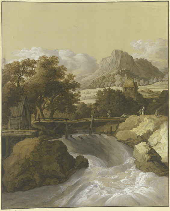 Ein reißender Bach mit einer Brücke und Blick in ein Tal de Maria Katharina Prestel