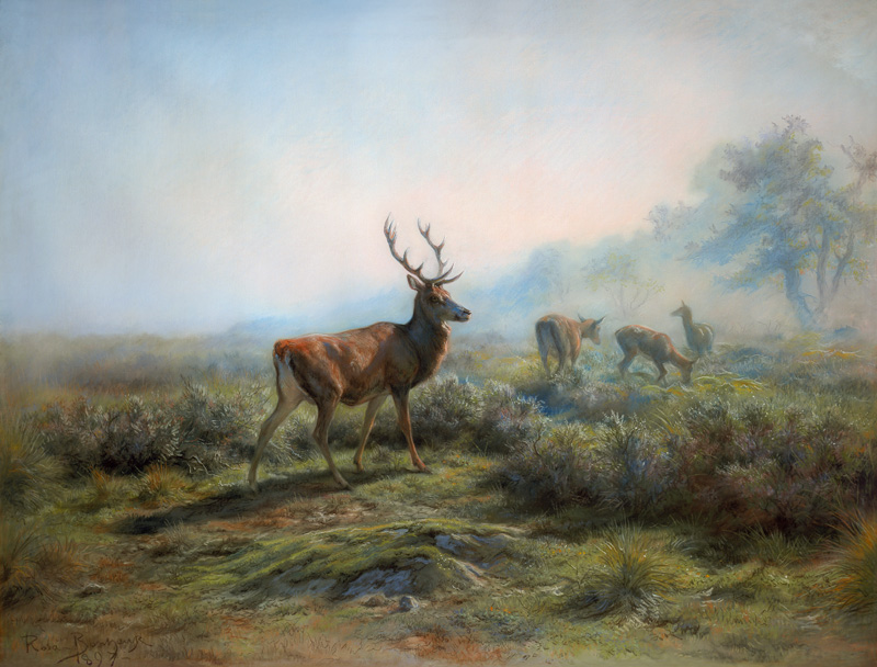 Red deer pack in a misty mountain landscape. de Maria-Rosa Bonheur