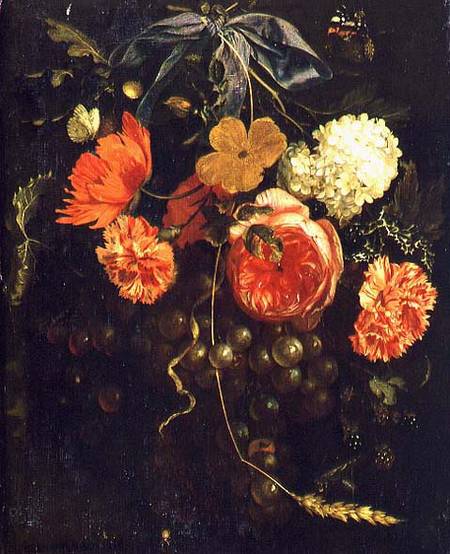 Still Life with a Swag of Fruits and Flowers Tied with a Blue Ribbon de Maria van Oosterwyck