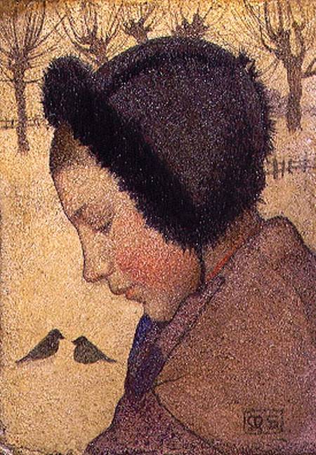 Head of a Young Girl in a Fur Hat (oil and gesso on board) de Marianne Stokes