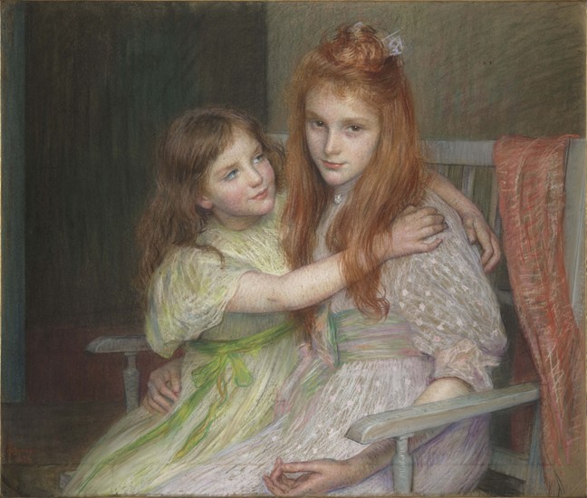 Two girls sitting on a bench de Marie-Louise Breslau