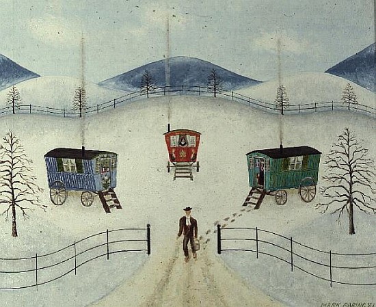 Gypsy Caravans in the Snow, 1981 (oil on board)  de Mark  Baring
