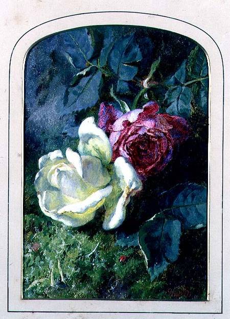 Roses and a ladybird on a mossy bank (board) de Martha Darley Mutrie