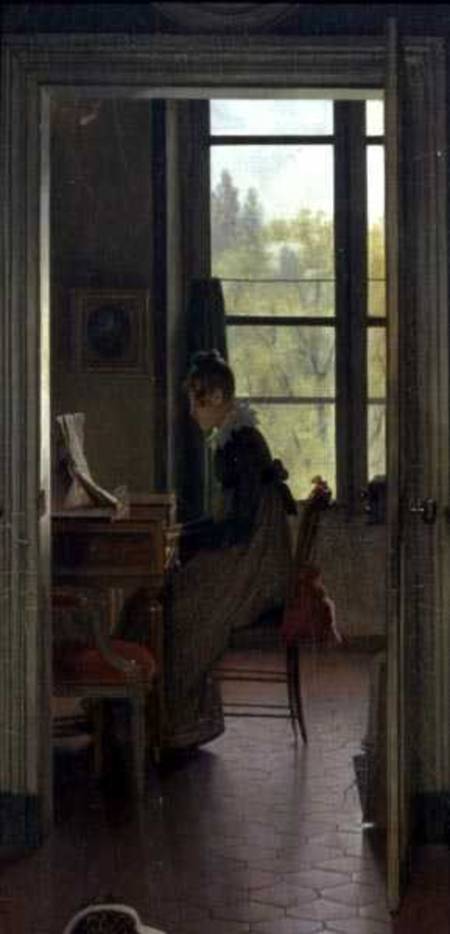 Interior of a Dining Room, detail of a woman playing the piano in the next room de Martin Drolling