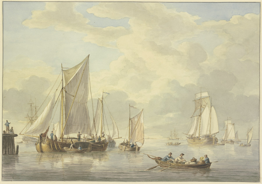 Ruhige See mit vielen Schiffen, vorne ein Boot mit drei Ruderern und einer Frau de Martinus Schouman