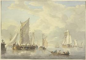 Ruhige See mit vielen Schiffen, vorne ein Boot mit drei Ruderern und einer Frau