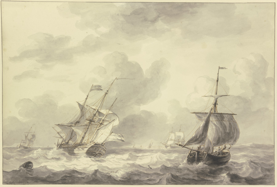 Zwei Schiffe auf bewegter See, links eine Tonne de Martinus Schouman