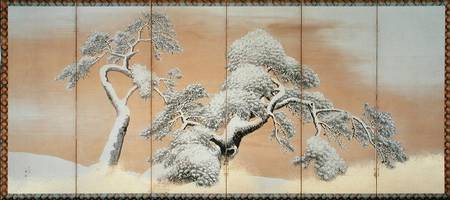 The Pines under Snow (pen & ink, colour, gold paper on panel) de Maruyama Okyo