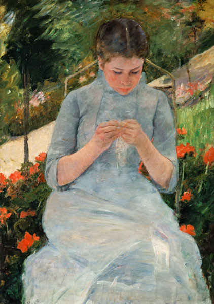 Young knitting woman in the garden de Mary Cassatt