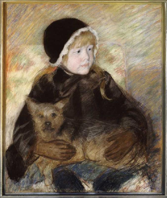 Elsie Cassatt, einen großen Hund haltend de Mary Cassatt