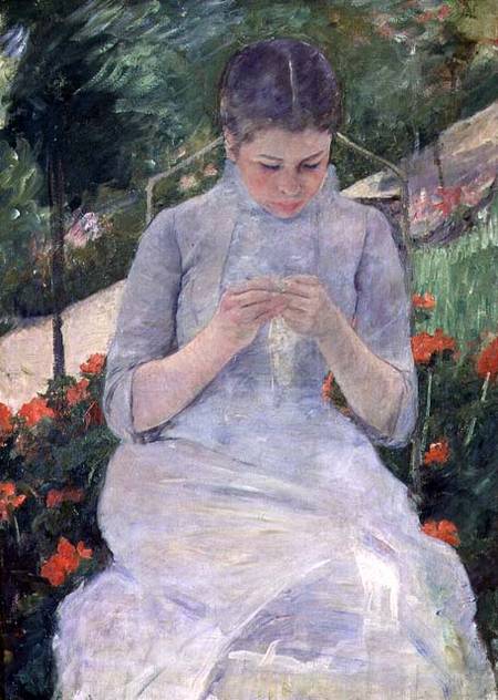 Young Woman Sewing in the garden de Mary Cassatt