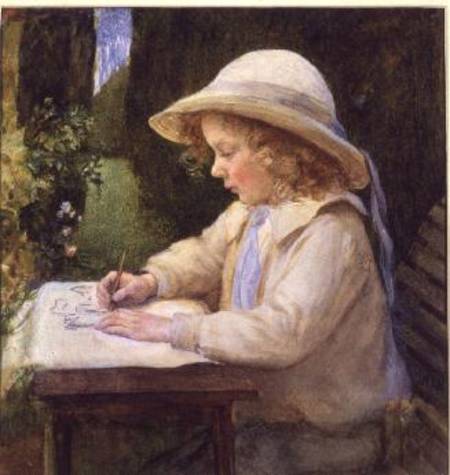Girl drawing on a garden table (study) de Mary Lascelles Harcourt