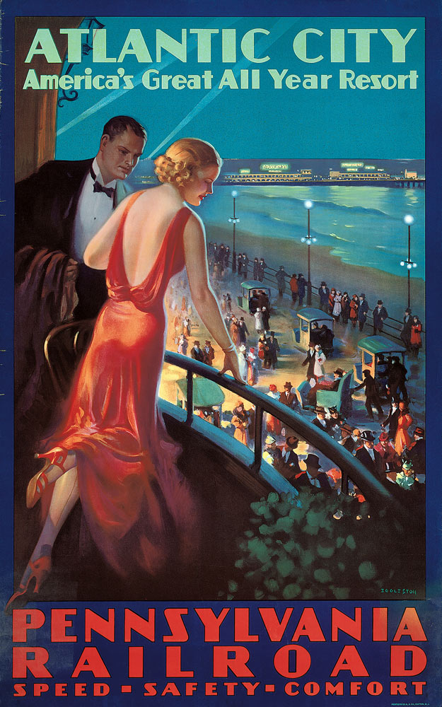 Poster advertising travel to Atlantic City by Pennsylvania Railroad de Mason Edward Eggleston