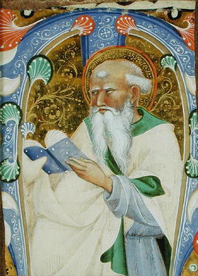 Historiated initial 'M' depicting a bearded saint with a book (vellum) de Master of San Michele of Murano