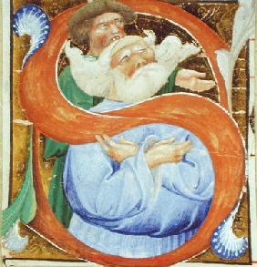Historiated initial 'S' depicting an old man praying (vellum)