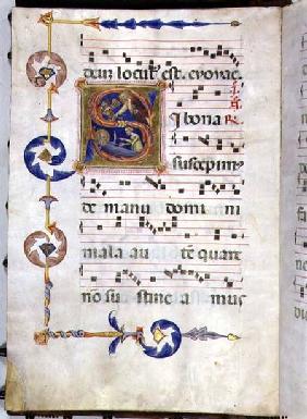 Ms 564 f.13v Page with historiated initial 'S' depicting The Constancy of Job
