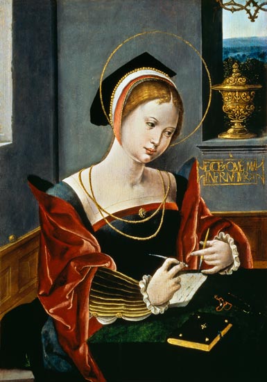 Portrait of a lady writing de Master of the Female Half Lengths