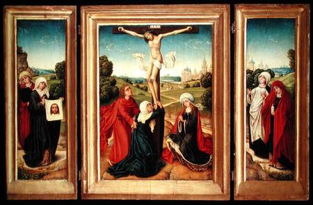 Triptych with the central panel depicting the Crucifixion with the Virgin, St. John, and Mary Magdal de Master of the Legend of St. Catherine