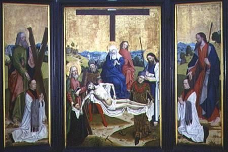 Altarpiece with a pieta and donors in centre panel; St. Andrew and St. John on the side panel de Master of the Life of Virgin Mary