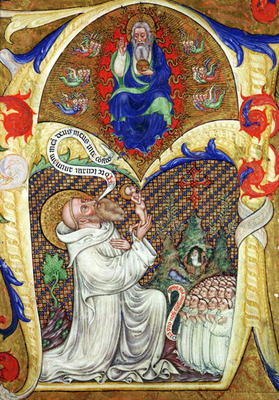 Historiated initial 'A' depicting St. Benedict offering his soul to God the Father, Lombardy School de Master of the Vitae Imperatorum