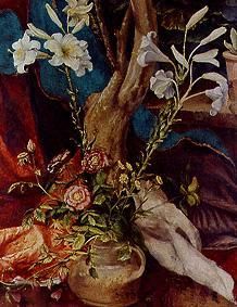 Stuppacher Madonna. Detail: White lilies de Mathias (Mathis Gothart) Grünewald