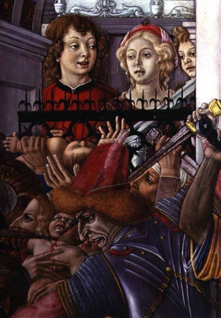 The Massacre of the Innocents, detail of two onlookers observing the carnage from the palace de Matteo  di Giovanni di Bartolo