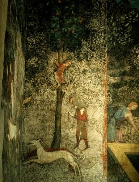 Hunting dogs and men climbing a tree detail of the decorative scheme from La Chambre du Cerf ( 1347 de Matteo Giovanetti