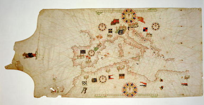 Miniature Nautical Map of the Central Mediterranean, 1560 (parchment) de Matteo Prunes