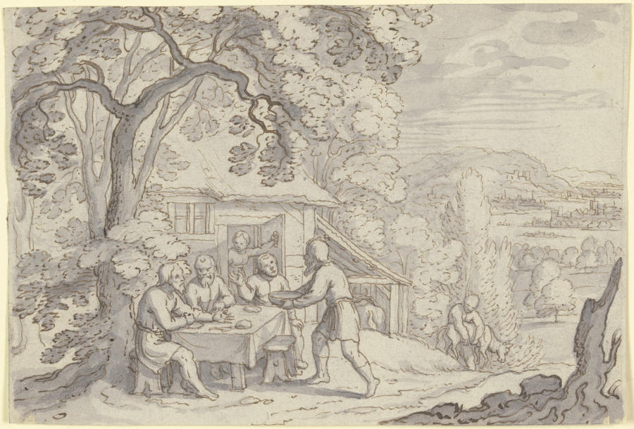 Abraham bewirtet die drei Engel unter einem Baum vor seinem Haus de Matthäus Merian d. Ä.