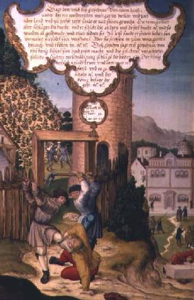 The vinedressers killing the heir of the vineyard owner, illustrating Christ's teaching 'The stone t