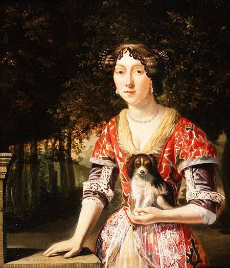 Portrait of a Lady Wearing a Red and White Dress de Matthys Naiveu