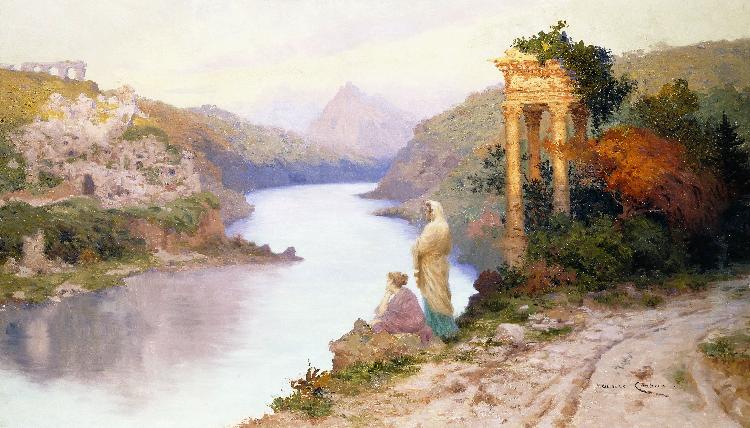 Zwei Frauen an einem Fluss mit Ruinen de Maurice Chabas