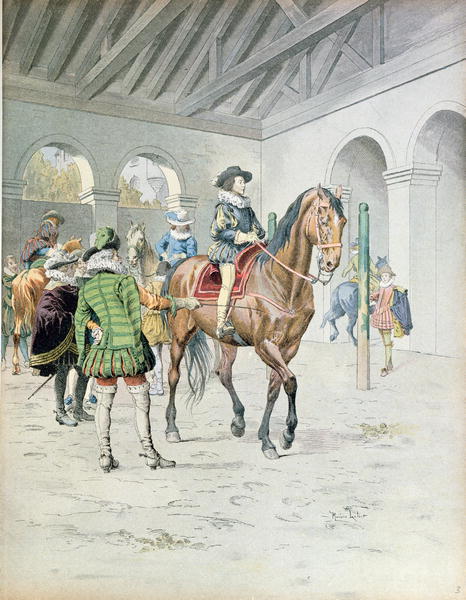 Armand-Jean du Plessis, Cardinal Richelieu (1585-1642) learning to ride a horse, illustration from a de Maurice Leloir