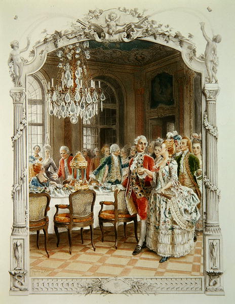 Elegant meal during the Eighteenth century, illustration from ''Une femme de qualite au siecle passe de Maurice Leloir