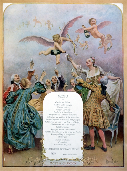 Ritz Restaurant menu, depicting a group of elegant 18th century men and women drinking champagne ser de Maurice Leloir