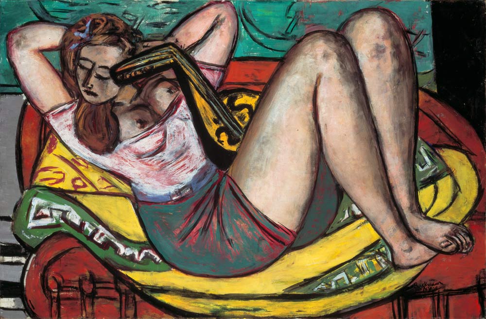 Woman with mandolin in yellow and red. 1950 de Max Beckmann