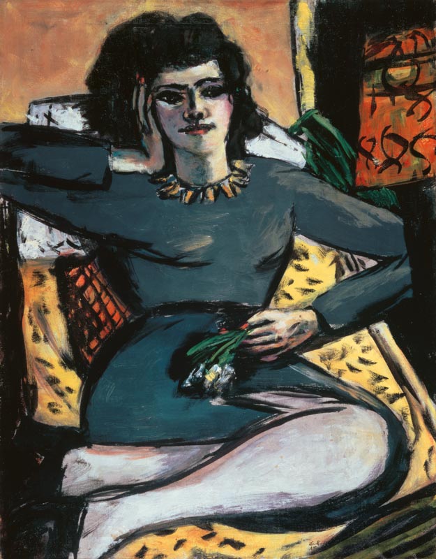 Resting woman with carnations, portrait of Quappi de Max Beckmann