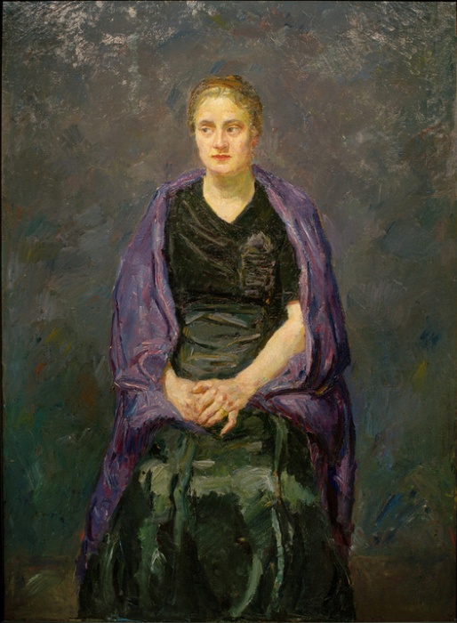 Portrait of Minna Beckmann-Tube
with violet scarf de Max Beckmann