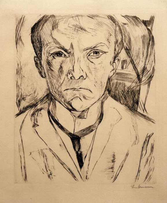 Self-portrait from the front, in the background Hausgiebel de Max Beckmann