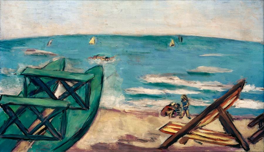 Strand mit Boot und Liegestuhl de Max Beckmann